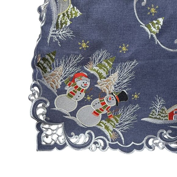 Christmas Tablecloth Holiday Snowmen Blue 32" Square Topper Embroidered - Picture 7 of 9